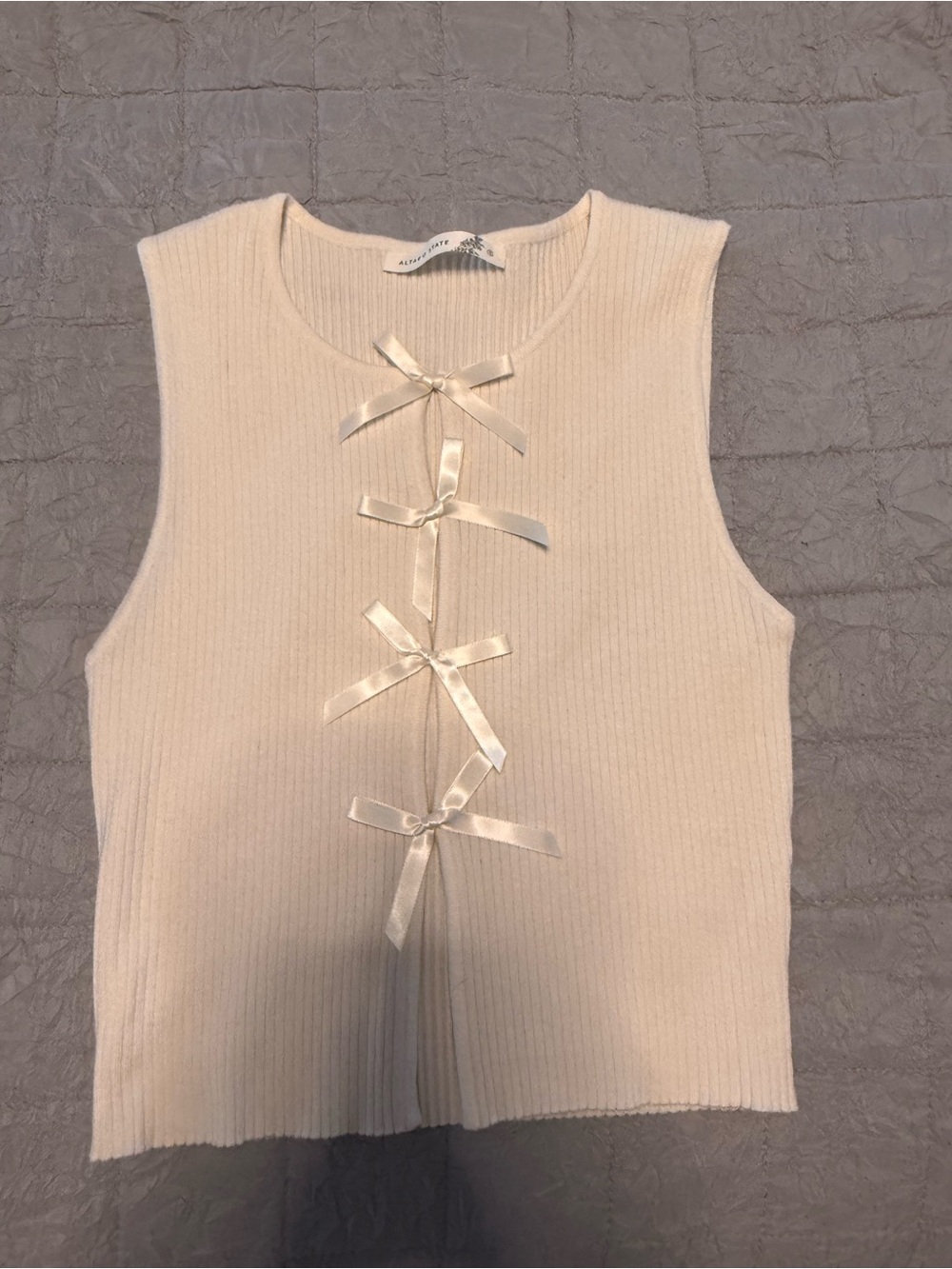Altar'd State Cream Ribbed Sleeveless Top with Satin Bows